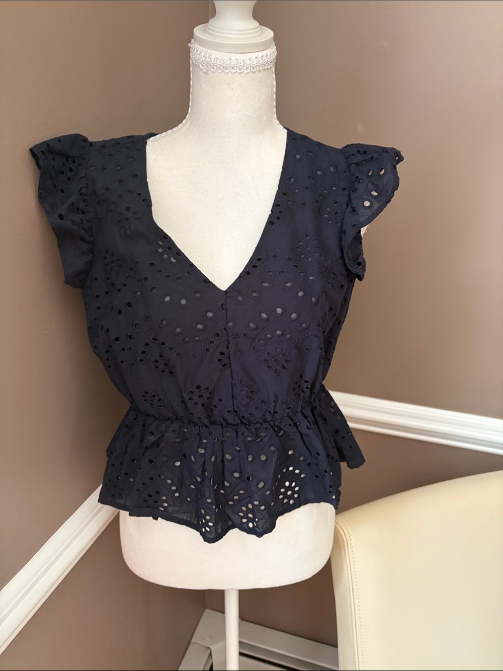 Express Navy Eyelet Peplum Blouse